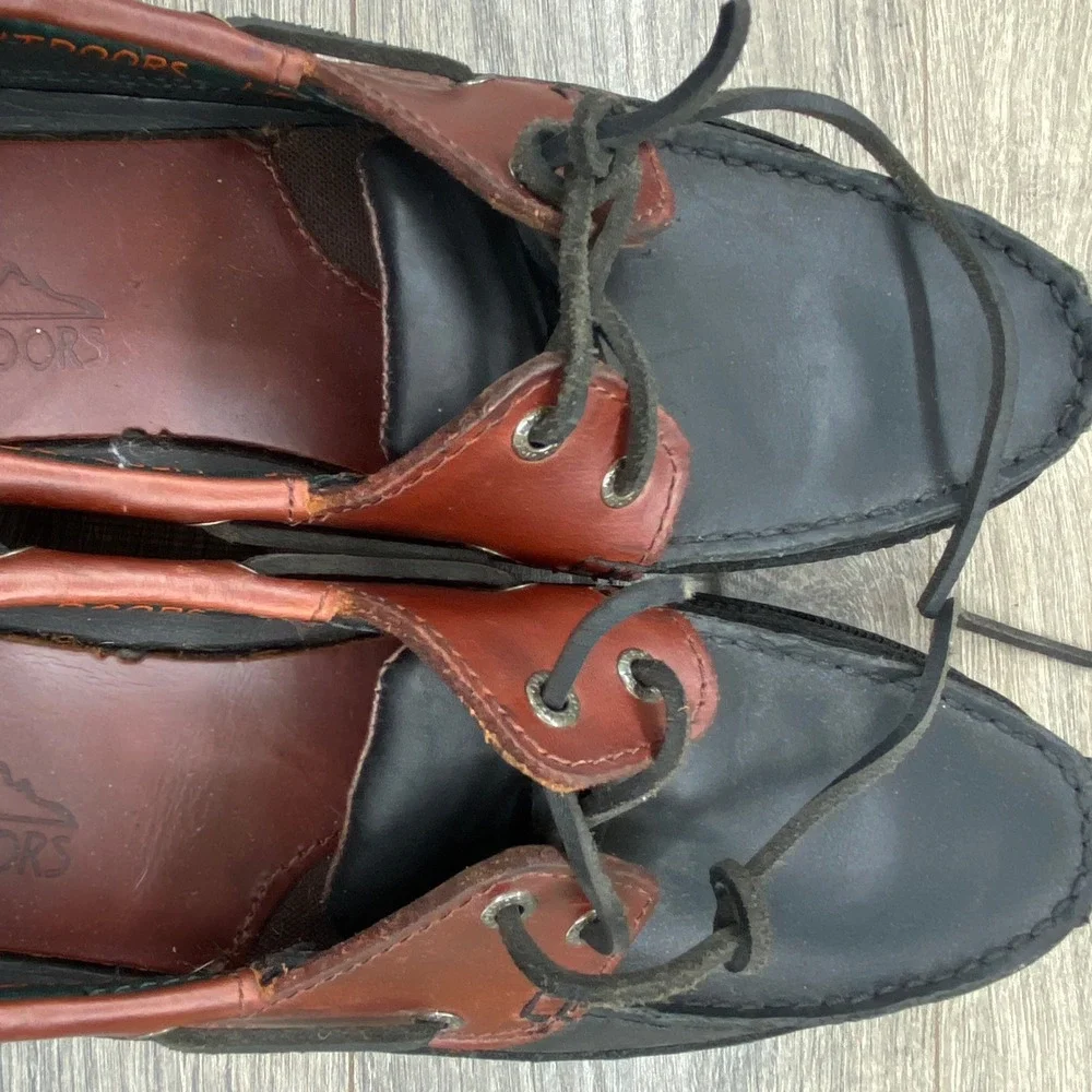 LifeOutdoors Boat Shoes Mens 11.5 D Black Brown Leather Nautical Loafers 607376